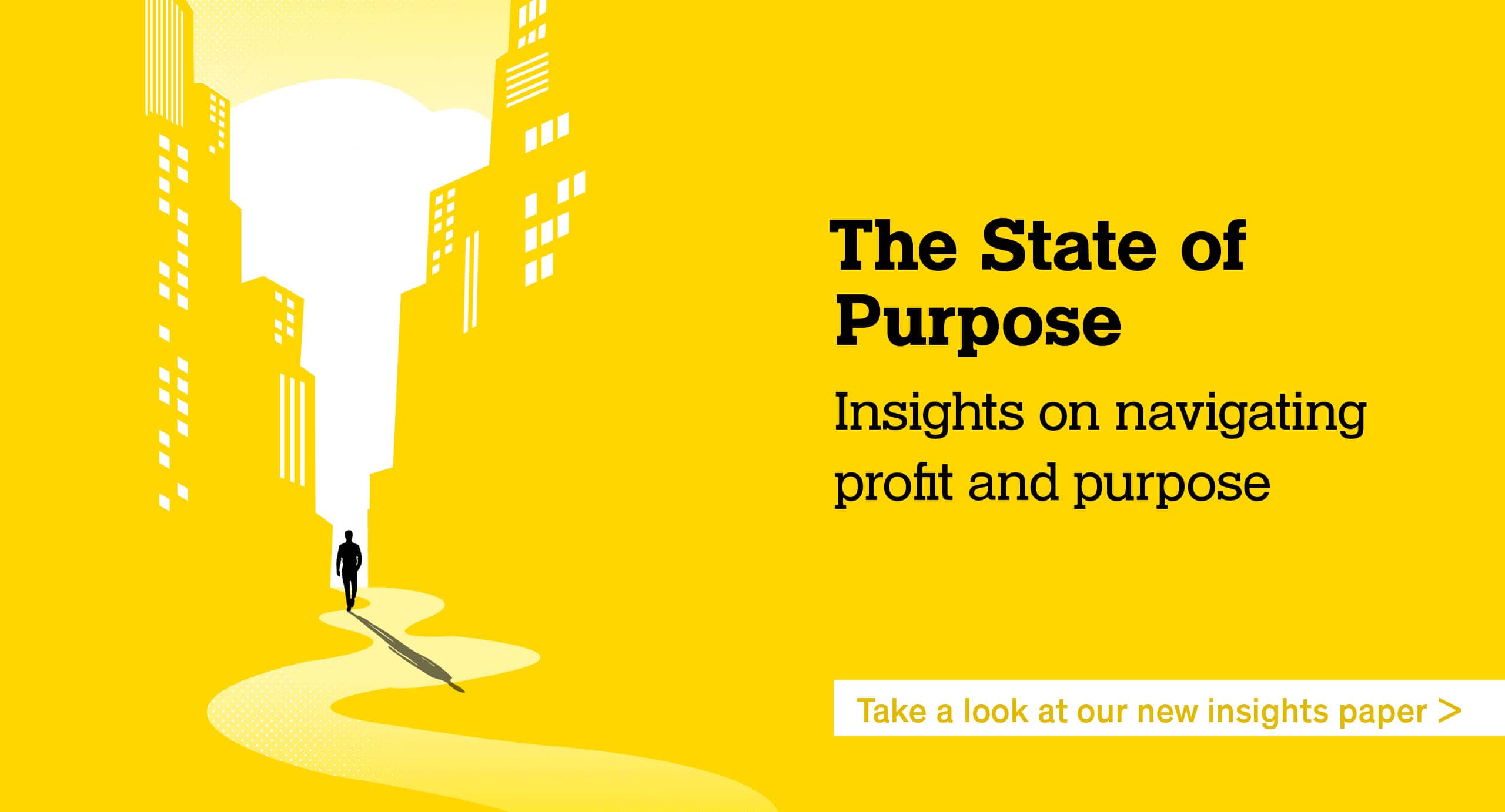 Yellow image with writing The State of Purpose Insights on navigating profit and purpose